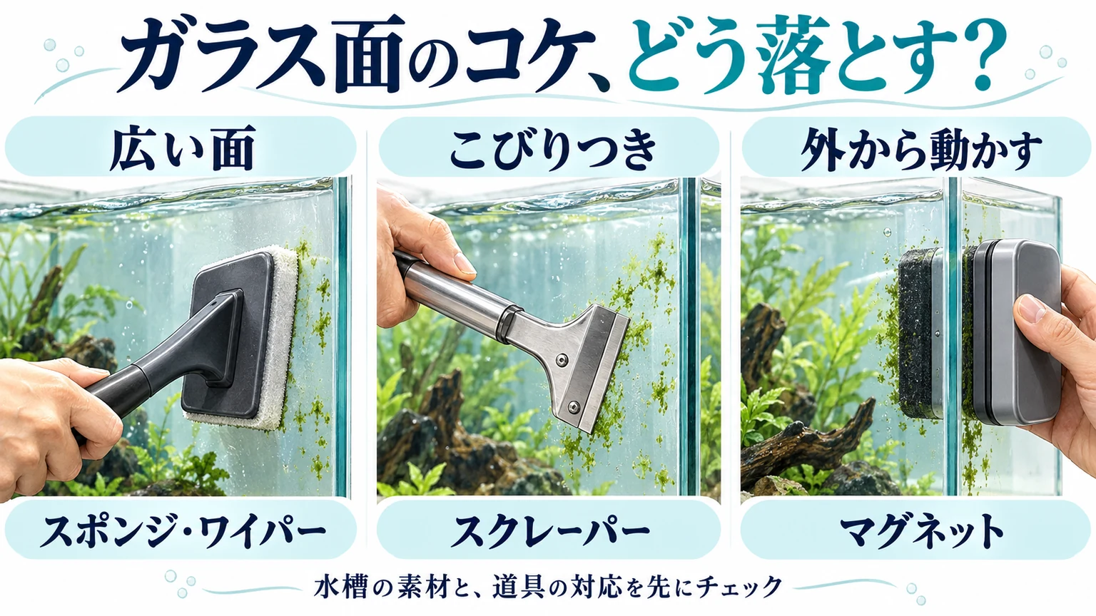 ガラス面のコケ掃除の使い分け図。広い面はスポンジやワイパー、こびりつきはスクレーパー、外側から動かすならマグネット。水槽素材と道具の対応を先に確認。