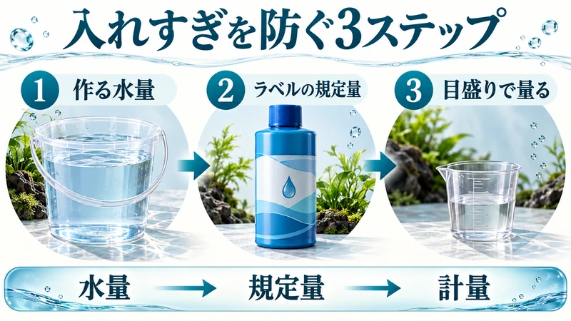作る水量、ラベルの規定量、目盛りで量る順番を示す生成図解。特定商品の実写ではありません。