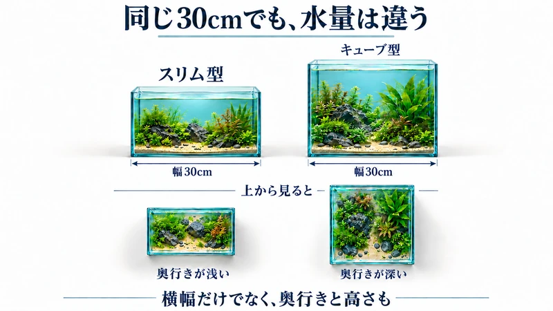 同じ幅30cmのスリム型とキューブ型を正面と上から比較した生成図解。横幅だけでなく、奥行きと高さで水量が変わります。特定製品の実写・縮尺図ではありません。