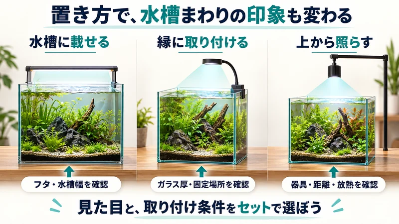 載せる・縁に取り付ける・上から照らす方式の違いを示す生成模式図。特定製品の実写ではありません。