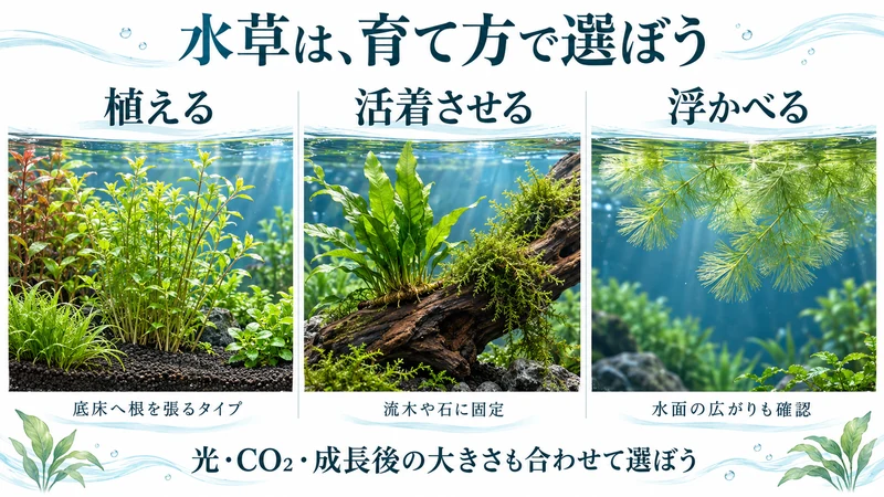 植える・流木や石に活着させる・浮かべる、3つの育て方を比べた生成図解。中央は根茎を流木の上に固定した例。特定種の同定写真ではありません。