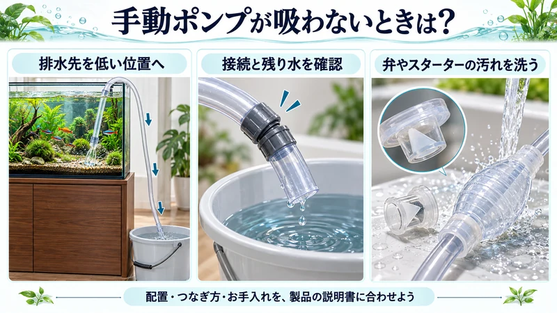 手動ポンプが吸わないときの排水位置・接続・残り水・弁のお手入れを示す生成模式図。特定製品の構造や実写ではありません。