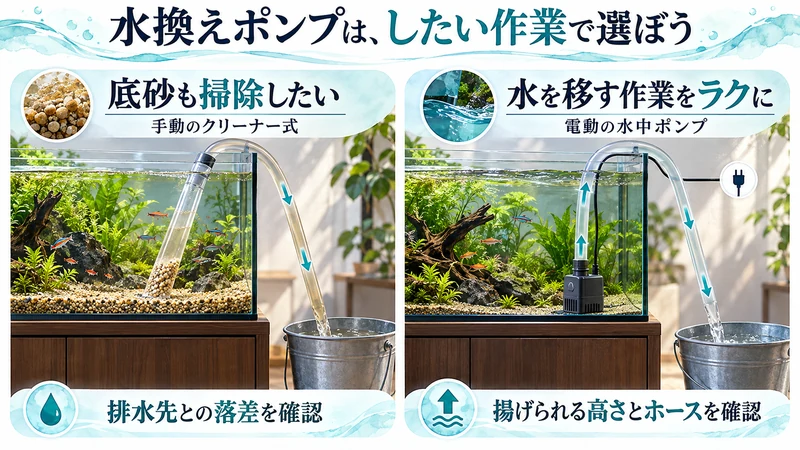 底砂掃除を兼ねる手動式と、水を移す電動式の違いを示す生成図解。特定製品の実写ではありません。