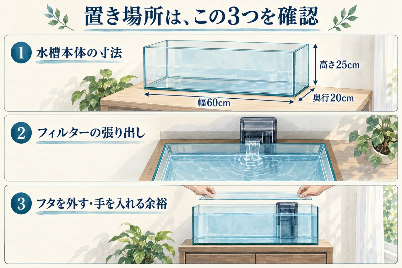 設置前に見る3点。水槽本体は幅60・奥行20・高さ25cm。フィルターの張り出し、フタを外して手を入れる余裕も別に確認します。