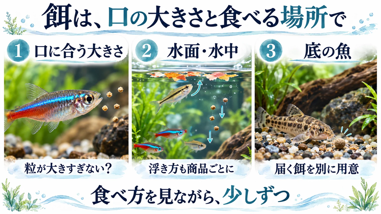 餌は口の大きさと食べる場所で選ぶ図解。口に合う大きさ、水面・水中での浮き方、底の魚へ届く餌の3点を確認し、食べ方を見ながら少しずつ与えます。