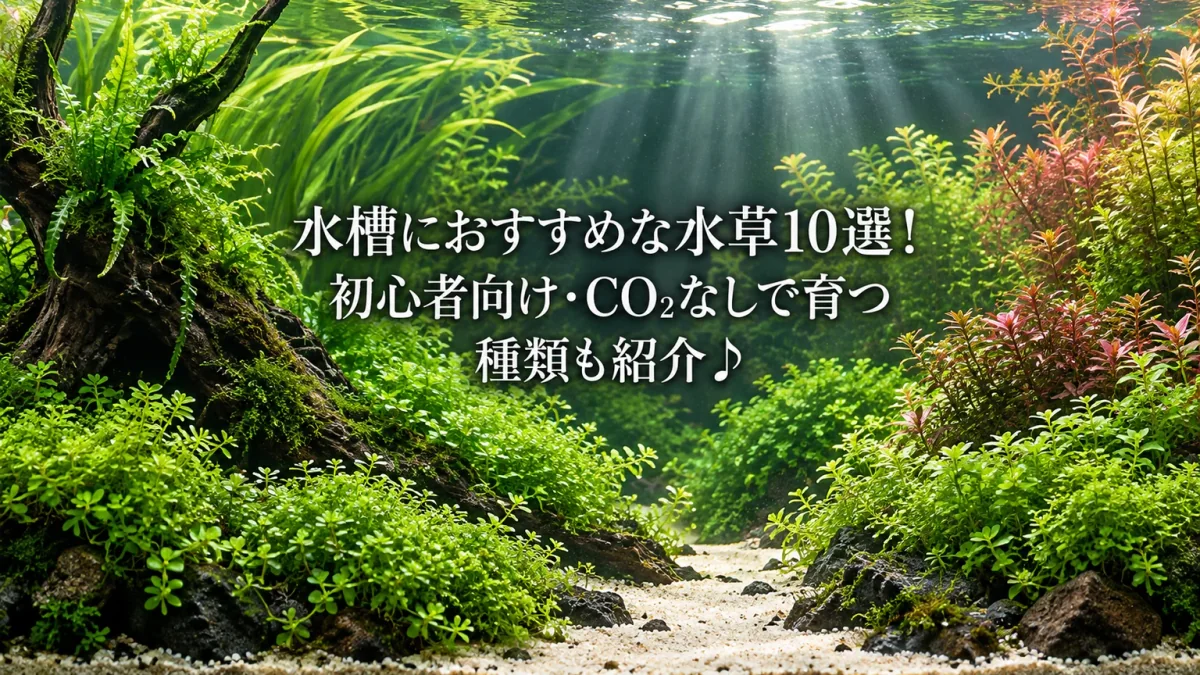 水草と流木を配した生成水景に、水槽におすすめな水草10選と書いたアイキャッチ。