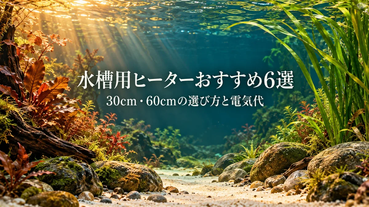 光が差す水草と石の生成水景に、水槽用ヒーターおすすめ6選と書いたアイキャッチ。実機写真ではありません。
