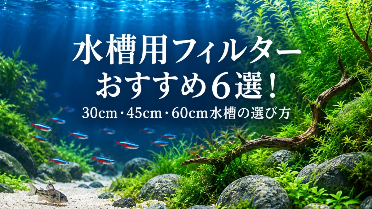 流木・石・水草を配した青い生成水景に、水槽用フィルターおすすめ6選と30cm・45cm・60cm水槽の選び方を示したアイキャッチ。筆者の実写ではありません。